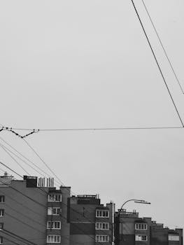 Black and white image of urban buildings and power lines against a gray sky.