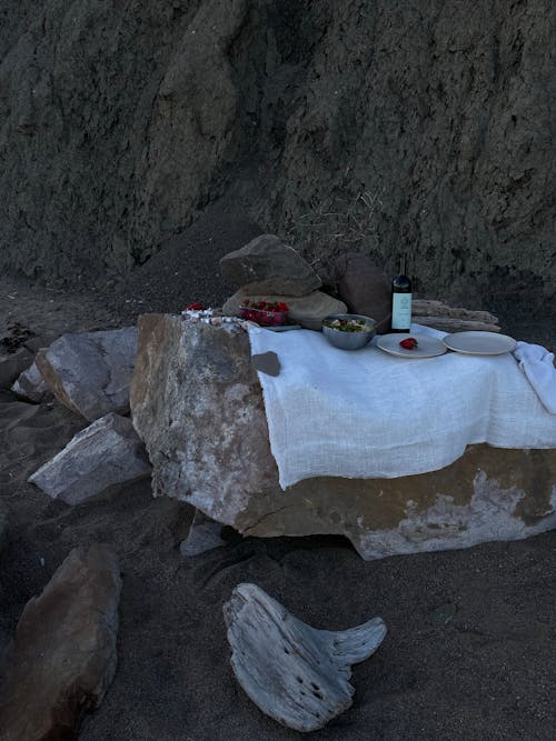 Food and Bottle on Wine on Top of a Big Rock