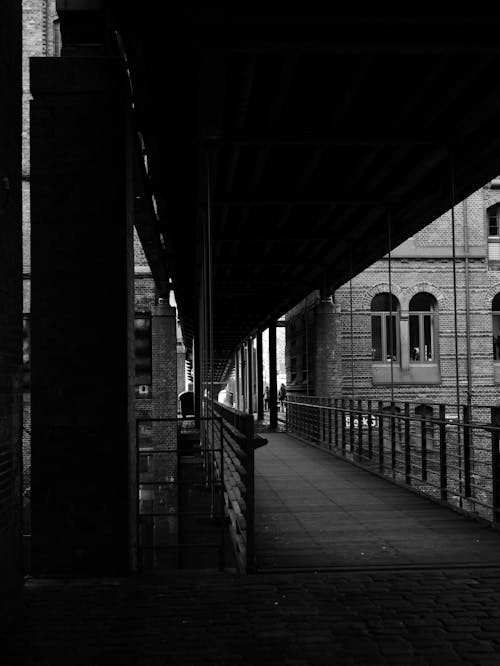 Grayscale Photo of an Walk Bridge Between Buildings
