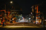 夜晚，城市街道宁静，路灯照明，交通稀少