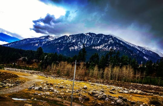 美丽的雪山、多云的天空和岩石地形构成了一幅壮丽的景观