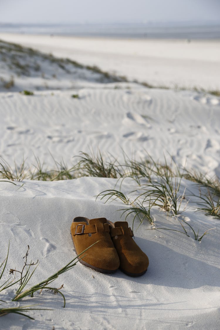 Brown Suede Leather Shoes On White Sand