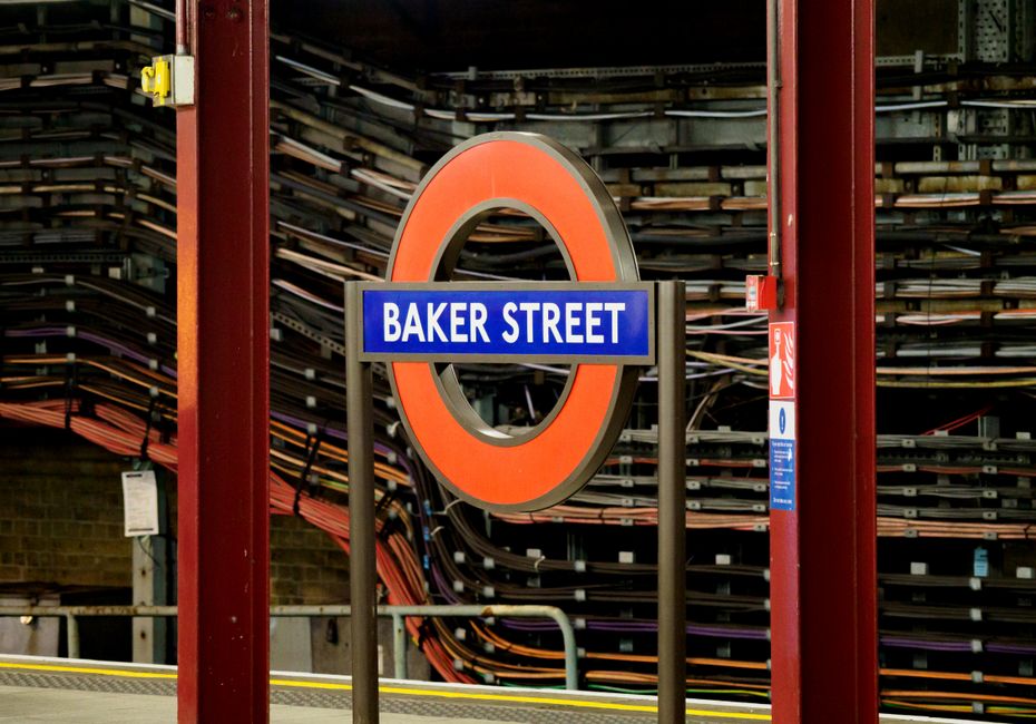 Iconic Baker Street Underground sign, part of London's famous transport system.