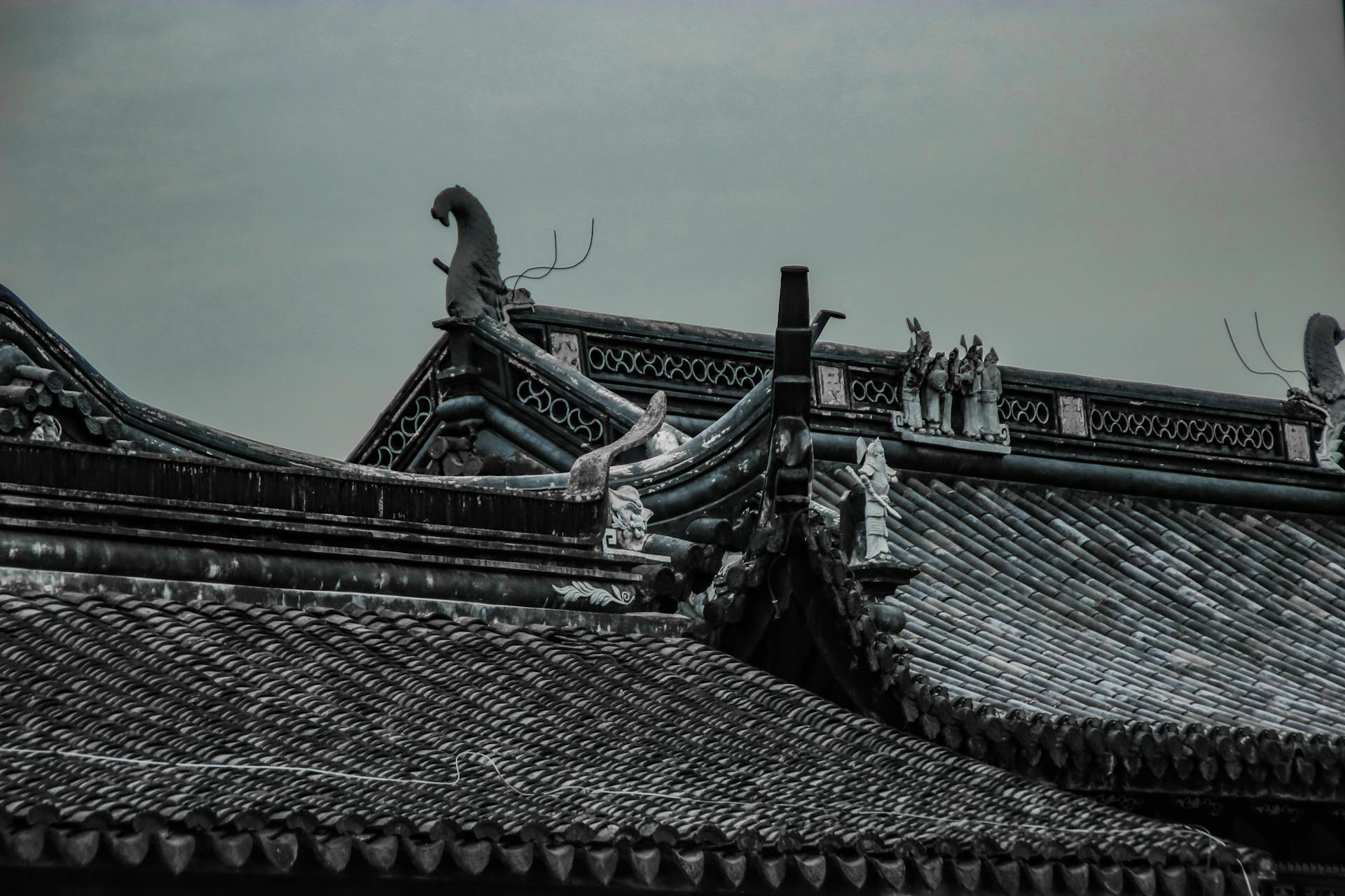 Close-up of traditional Chinese roof with detailed eaves and dragon ornaments in grayscale.