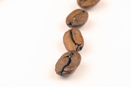 Close-up of coffee beans showcasing texture and freshness on a white background.