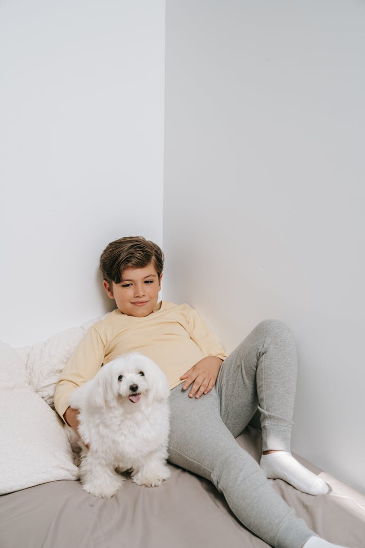 A Boy Sitting On The Corner With His Pet Dog