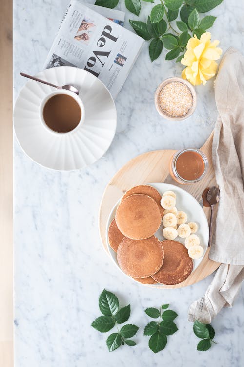Pancakes on White Ceramic Plate