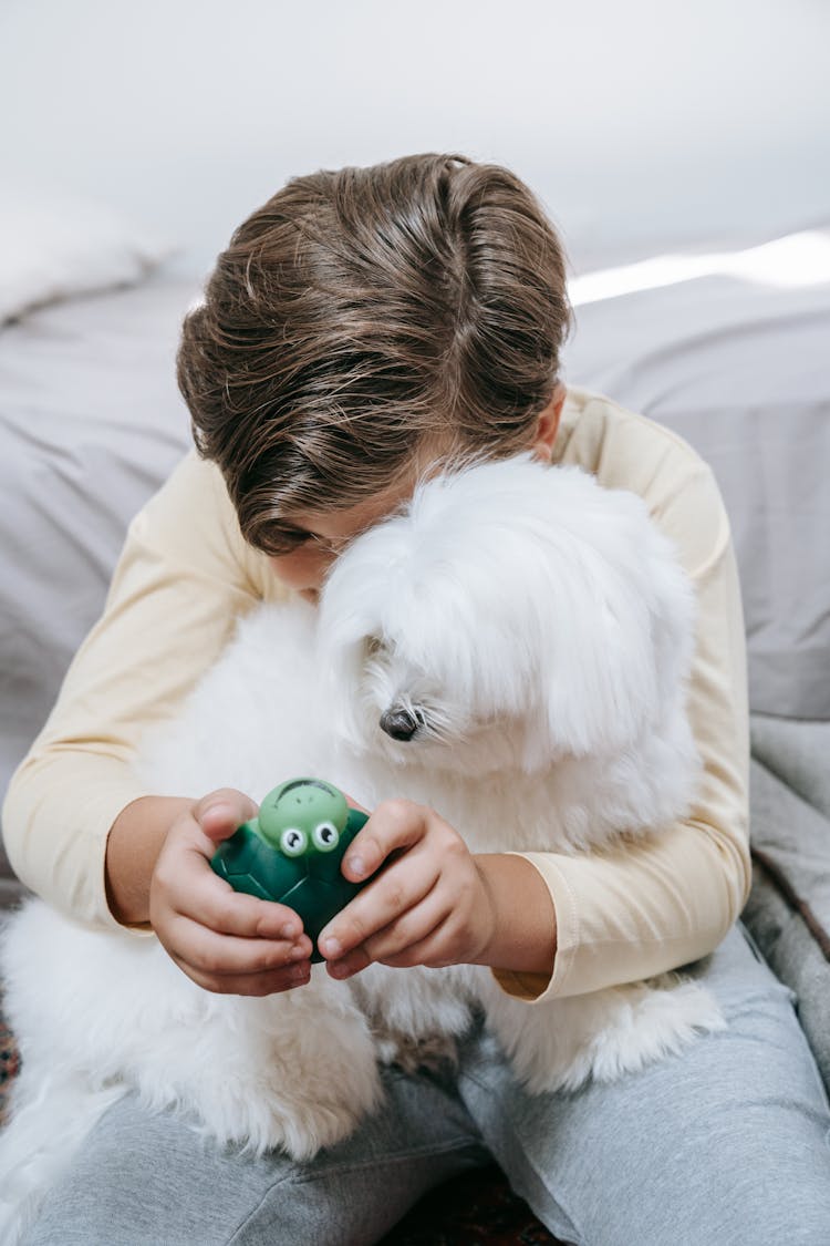 Boy Playing A Toy With His Dog