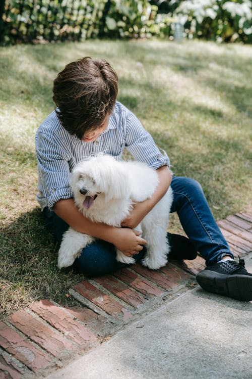 Photograph of a Boy in a Striped Shirt Sitting with a White Dog