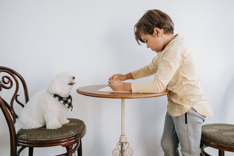 Boy And Dog At Table