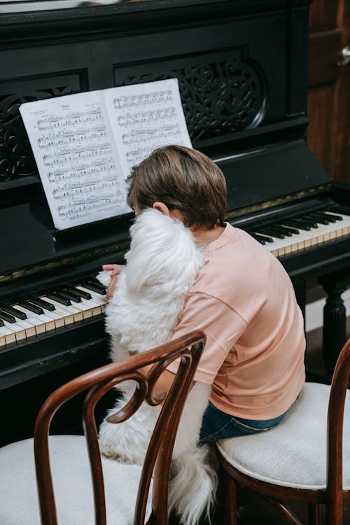 Free Boy Playing the Piano with his Dog Stock Photo