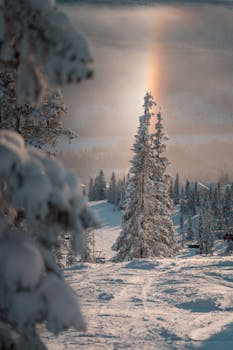 Beautiful winter landscape with snow-covered trees and sunbeam creating a magical glow.