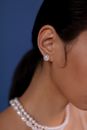 Woman Wearing Silver and White Pearl Stud Earring
