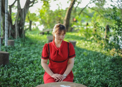 Free A Sitting Woman in Red Dress  Stock Photo