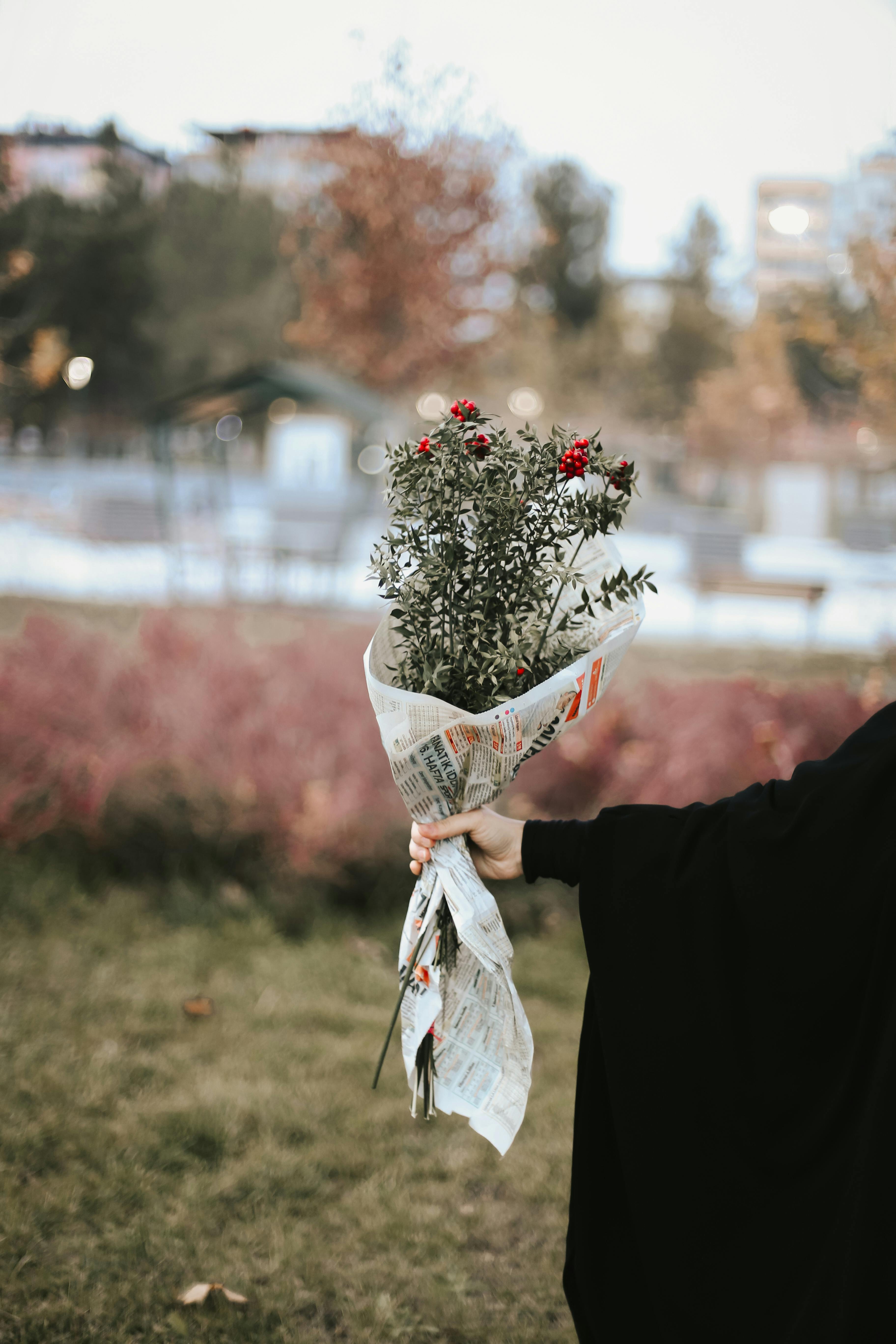 A hand holding a newspaper-wrapped bouquet of red flowers in an outdoor setting.