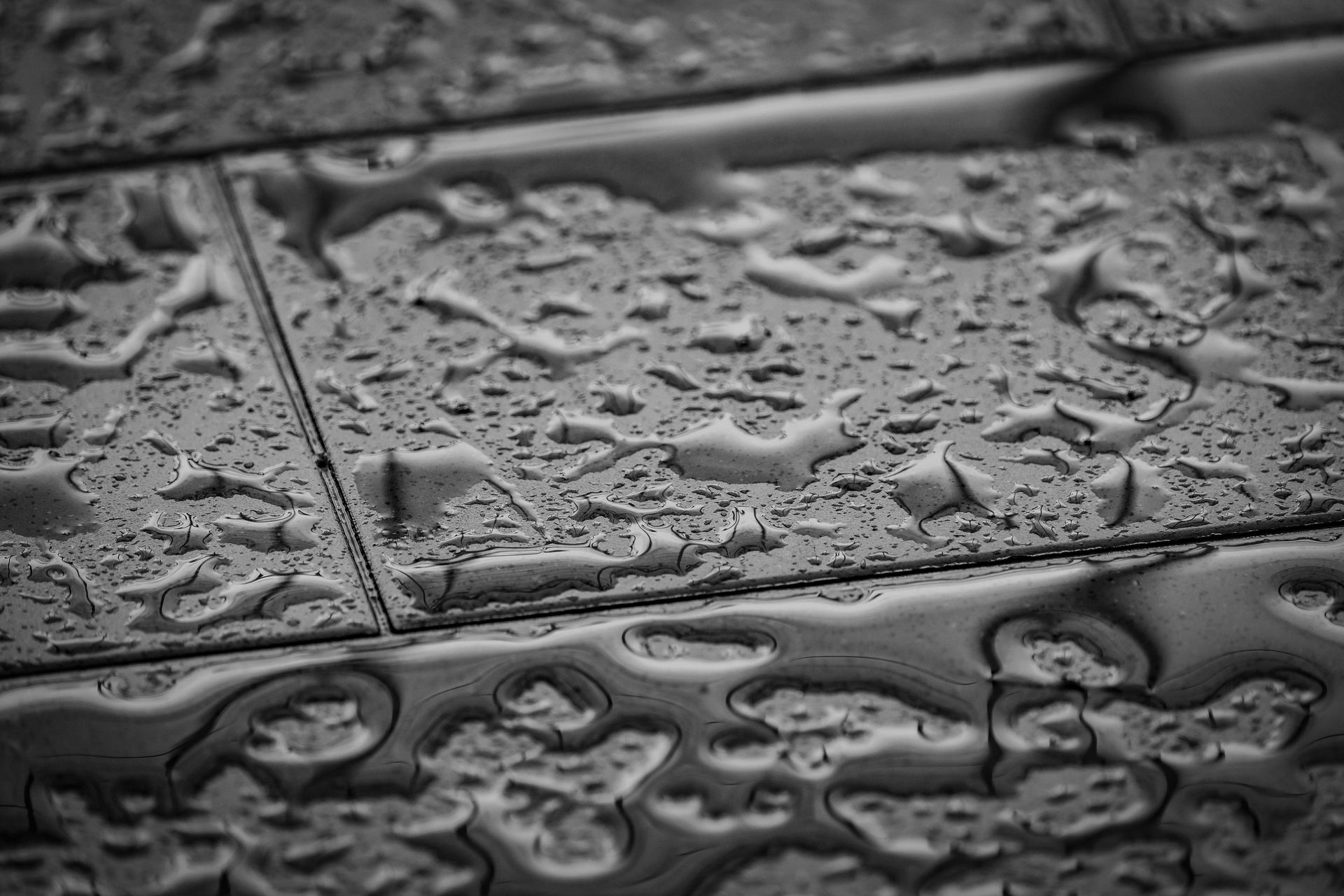 Grayscale close-up image of wet tiles with water droplets creating an abstract texture.