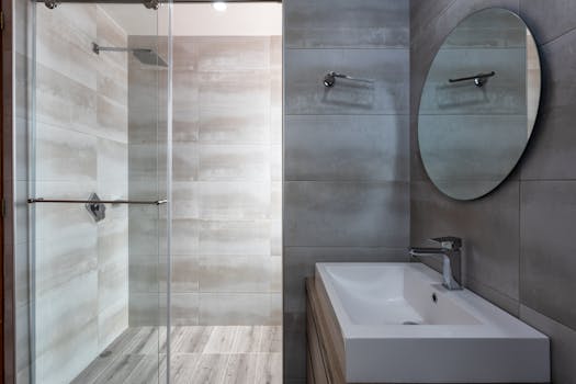 Sleek modern bathroom featuring a glass shower, round mirror, and elegant sink.