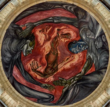 Stunning mural on a dome ceiling in Guadalajara, showcasing bold and vivid art.