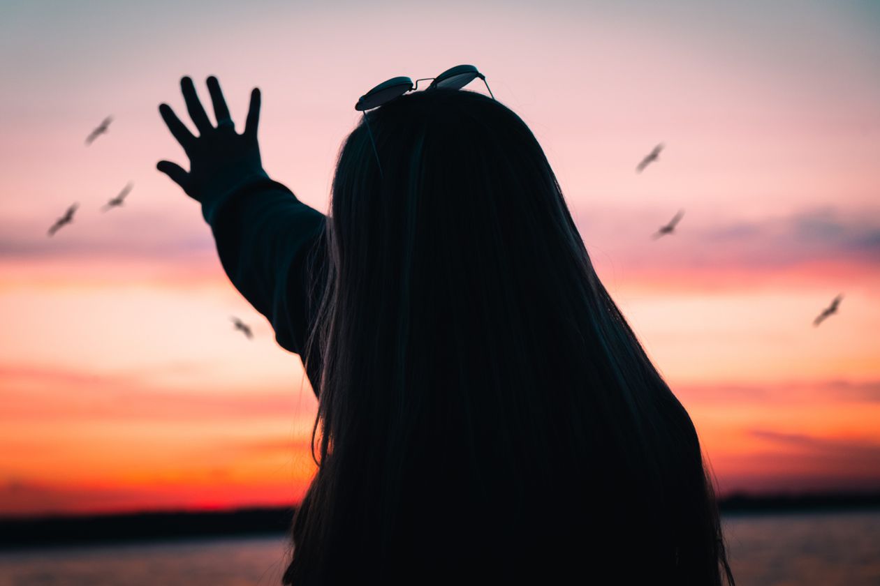 Silhouette of a woman reaching toward seagulls at sunset