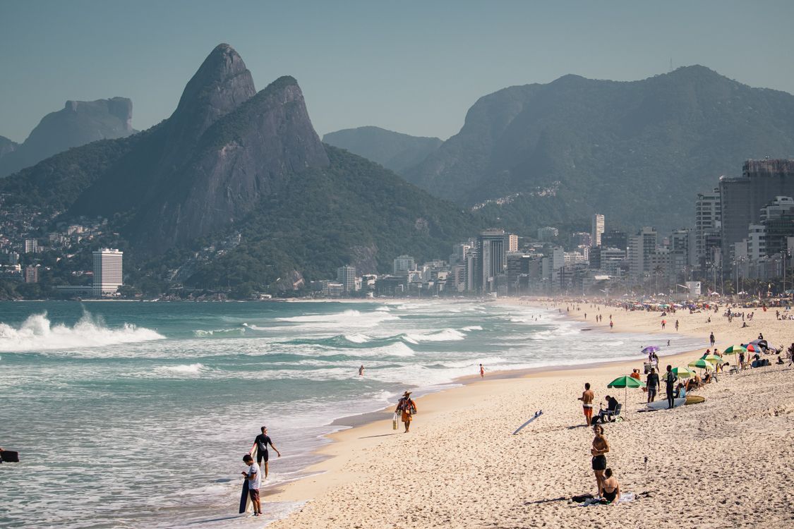 Aerial view of Ipanema Beach with Rio de Janeiro city skyline and mountains in the background — Brazil Safe Travel