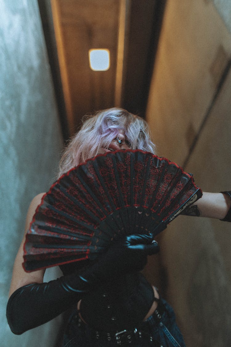 Gothic Pink Haired Woman With Fan