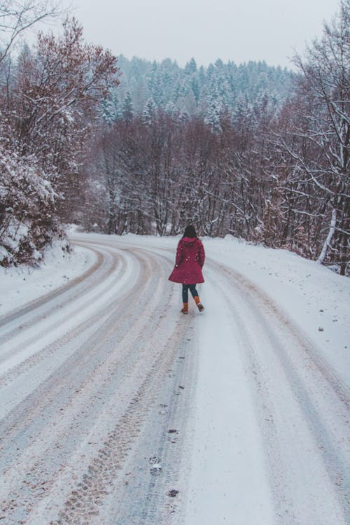 Woman Wearing Red Coat Standing on White Snow Road
