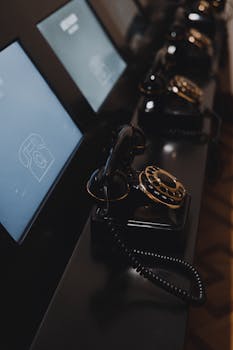 A row of vintage rotary phones lined up on a table with a retro vibe.