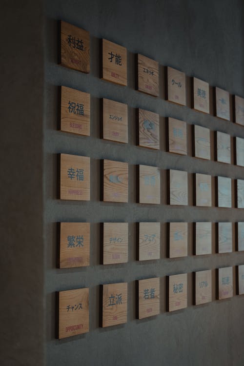 Wooden Boards with Chinese Script on Dark Gray Wall
