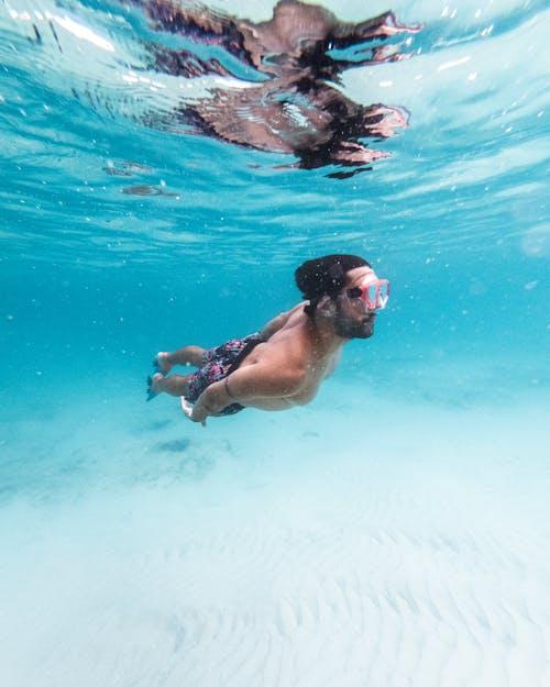 A Bearded Man Swimming Underwater
