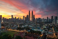 日落时分，吉隆坡的天际线和双子塔展现出令人惊叹的景色，彰显了这座城市的活力建筑