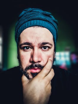 Close-up portrait of a bearded man in a knit hat, deep in thought.