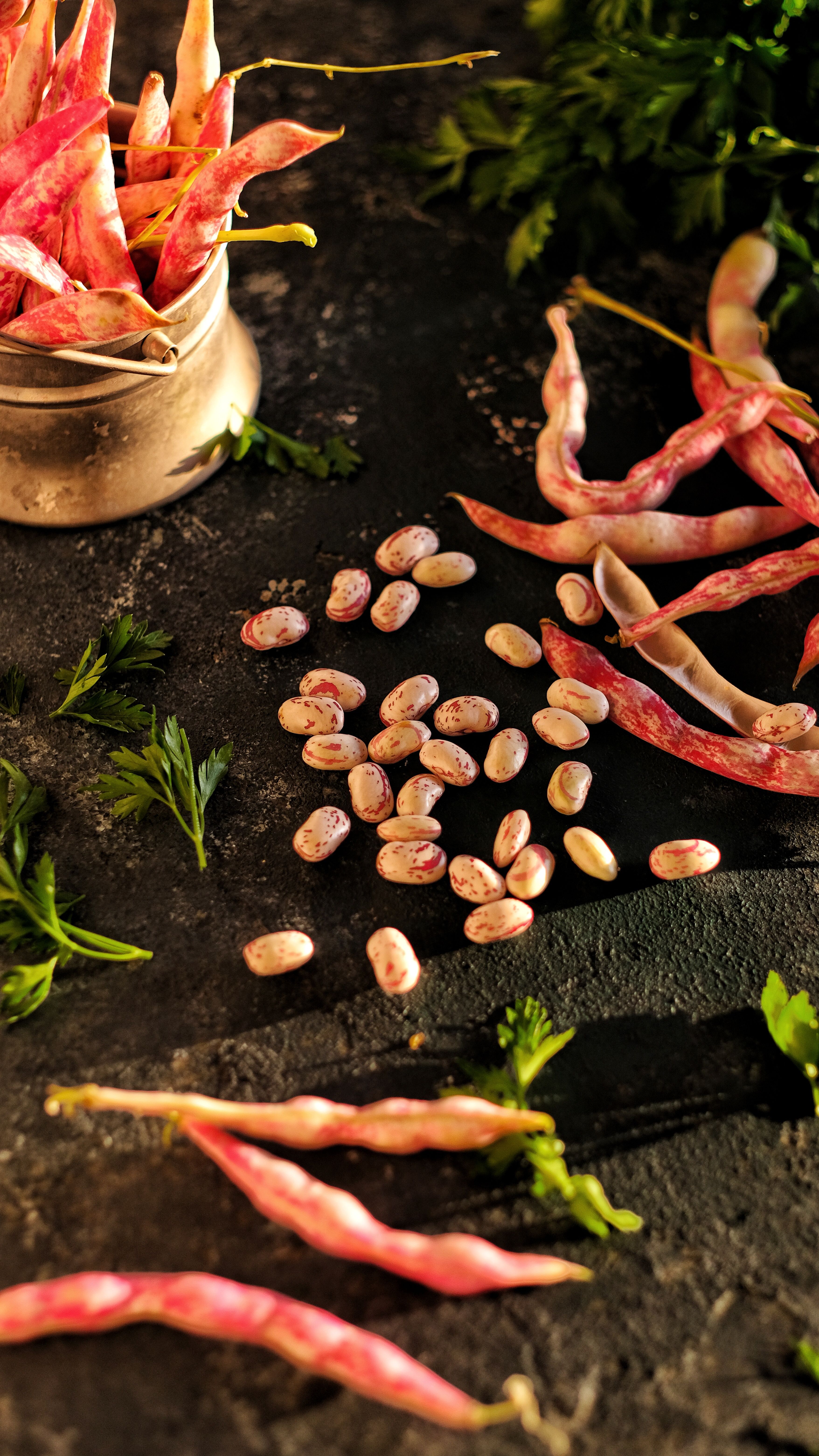 A close-up image of colorful beans and pods on a rustic surface, showcasing healthy food.