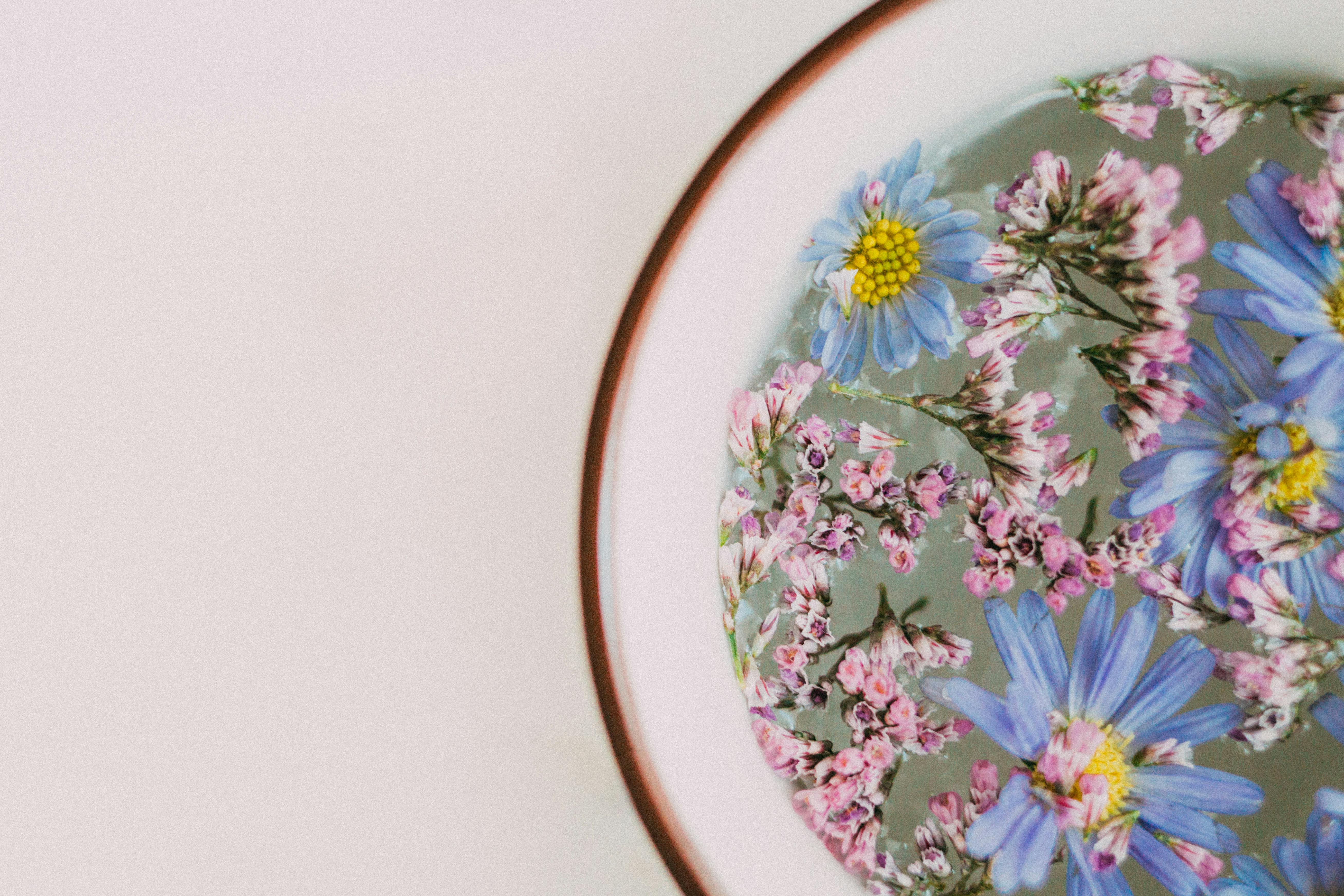 Top view of a tea cup with vibrant floral arrangement, featuring daisies on a white background.