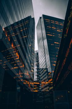 Dramatic view of modern high-rise buildings in São Paulo's urban landscape.