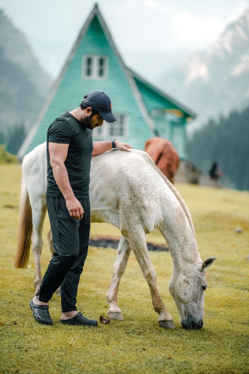 Free A man gently pets a horse in a mountain setting with a triangular house in the background. Stock Photo