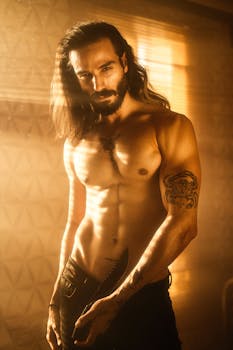 Muscular topless man with tattoos holding a knife in warm golden light indoors.