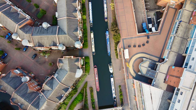 Barges On Canal In City 