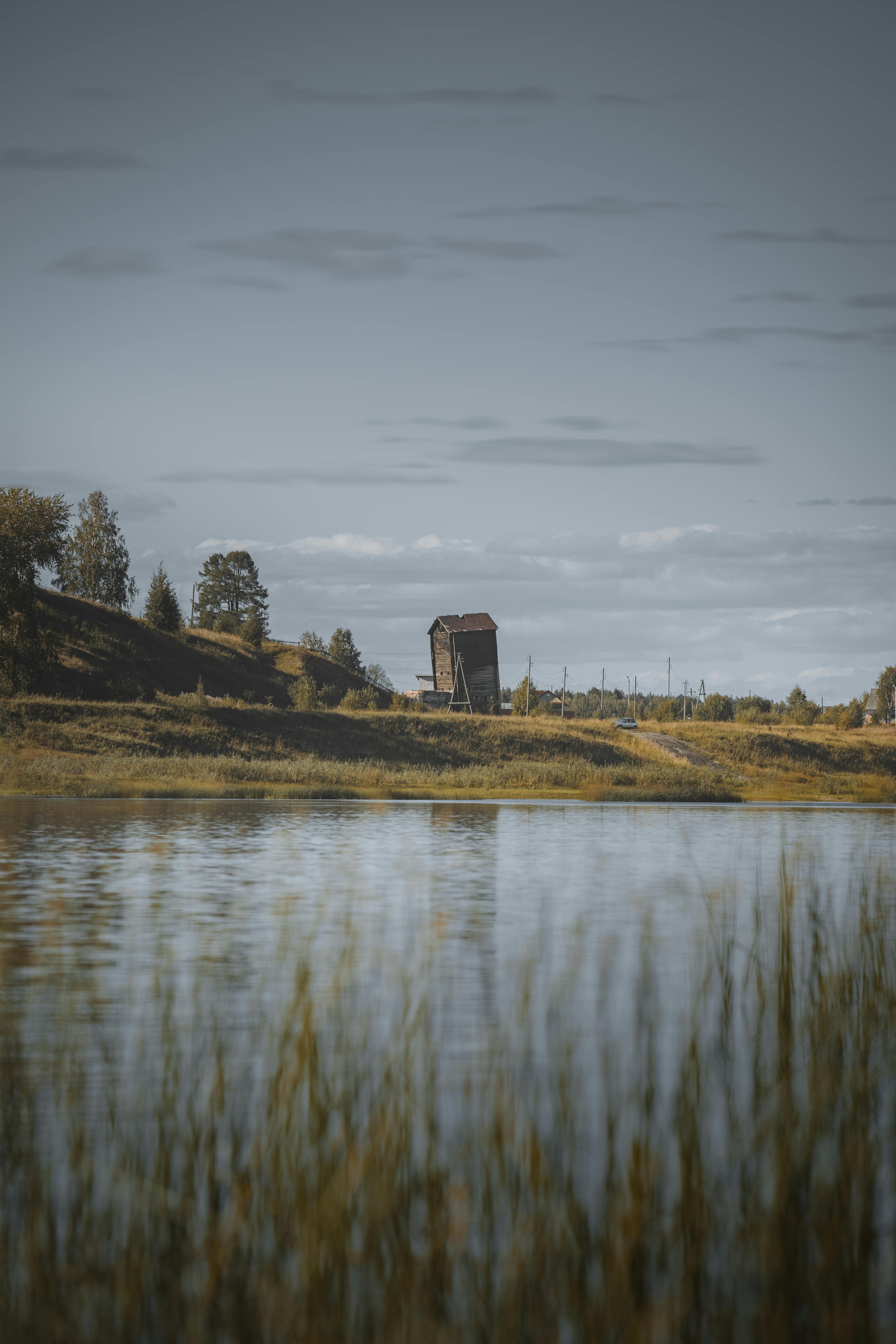 deserted house with lake