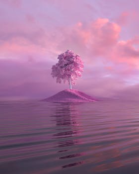 A surreal pink tree on an isolated island reflecting in calm waters under a vibrant sunset sky.