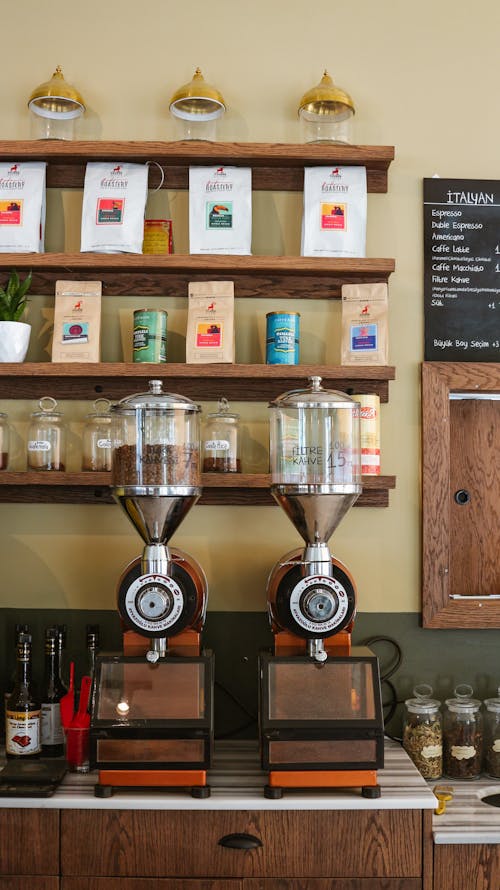 Pack of Coffee Beans Display on a Brown Wooden Shelves