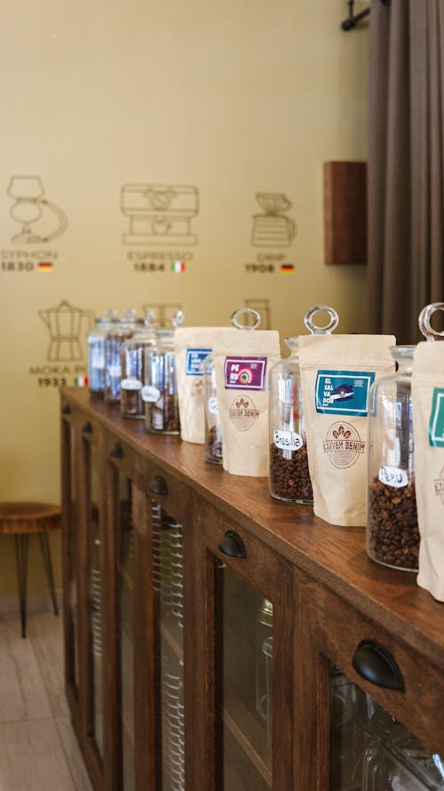Coffee Packages and Jars in Row