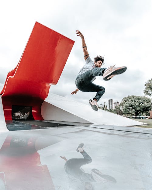 Man Jumping in front of the Ibirapuera Auditorium Building, Sao Paulo, Brazil