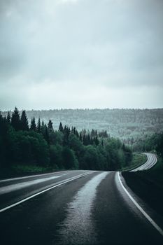 A winding road through a lush, misty forest landscape under cloudy skies.