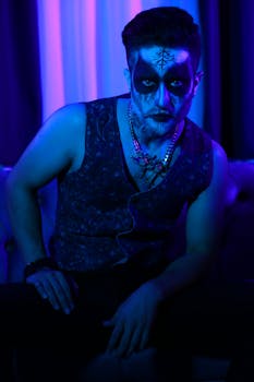 Spooky portrait of a man with artistic Halloween makeup in a dark setting.