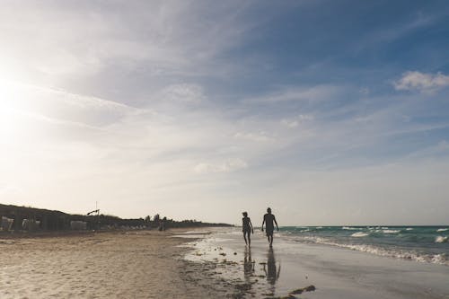 Silhouette of Two People Walking on the Sea Shore under the Sky