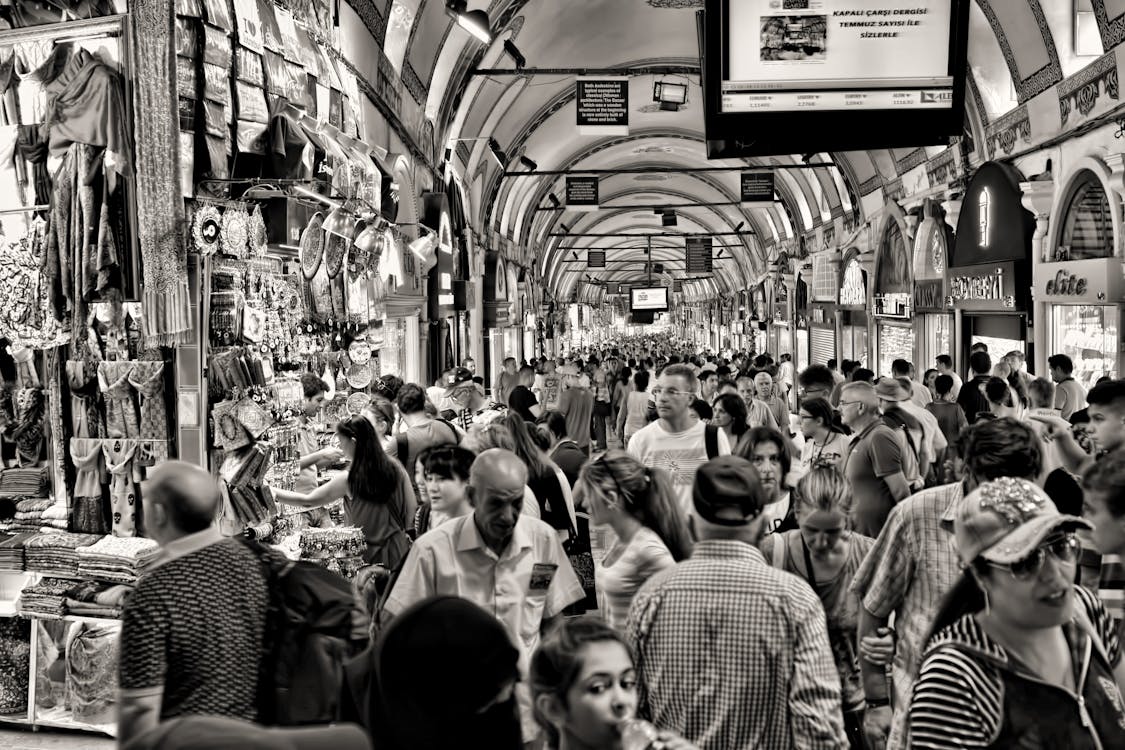 Free Grayscale Photo of People at Market Stock Photo
