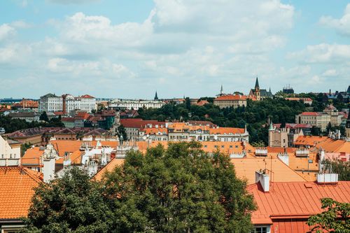 Free Beautiful view over Prague's orange rooftops with historical buildings and green trees. Stock Photo