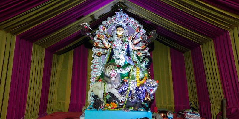Colorful Goddess Durga statue during vibrant Navratri festival