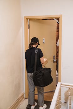 Delivery person in cap and mask handing a package at a doorway indoors.