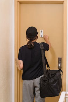 Delivery person in casual attire knocking on a beige door indoors.